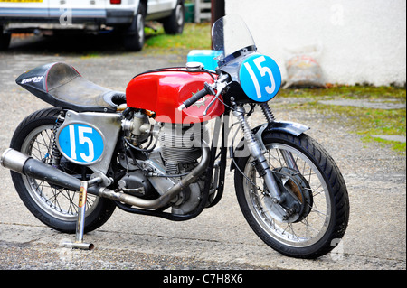 A BSA Cafe Racer at Aidensfield garage. Goathland Stock Photo