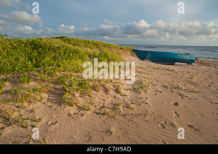 beached skiff in Frigate Bay, St. Kitts Stock Photo