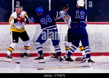 Ice hockey players fighting during a game. Stock Photo