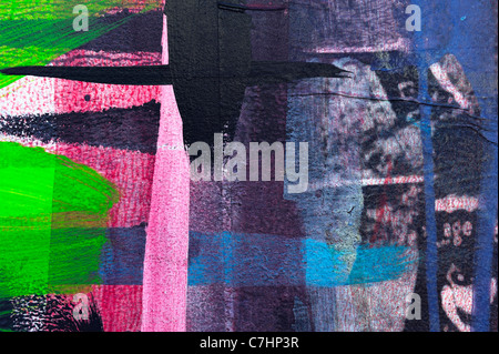 Detail of brightly-colored green blue pink purple graffiti art with grunge blurred paper and sharp paint Venice Beach California Stock Photo