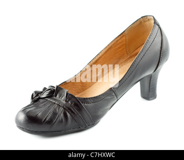 black leather female shoes on white background