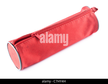 red fabric pencil-case isolated on white background Stock Photo