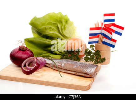 Typical Dutch salted herring called maatje or zoute haring Stock Photo