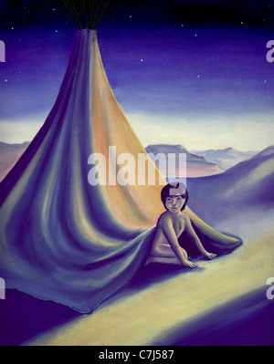 native american kid getting out at dawn, oil painting Stock Photo