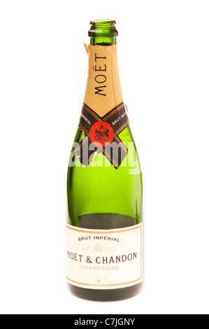 An empty bottle of Moet and Chandon Brut Imperial champagne on a white backlit background Stock Photo