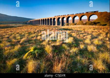 Fraight train crossing the Ribblehead Viaduct, Yorkshire Dales, England, UK Stock Photo