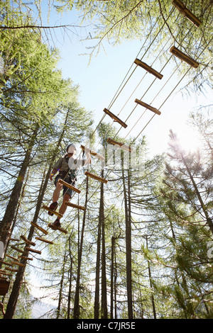 Person doing treetop obstacle course Stock Photo