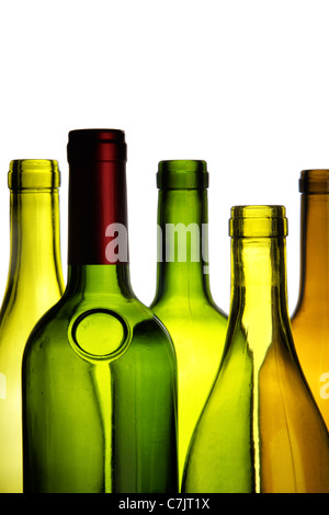 Empty wine bottles close-up isolated over white background Stock Photo