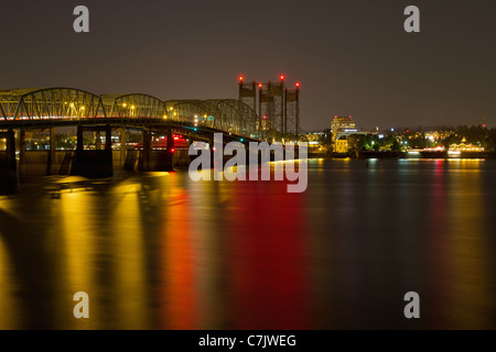 Light Trails on Columbia River Crossing I-5 Interstate Bridge at Night Stock Photo