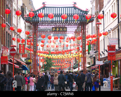 A view along Gerrard Street in London's Chinatown decorated with red lanterns hanging to celebrate the Mid-Autumn Moon Festival Stock Photo