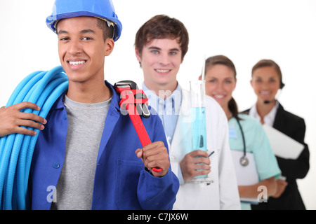 Four different professions with focus on plumber Stock Photo