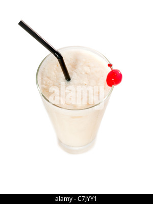 frozen banana daiquiri drink cocktail with red cherry and black straw isolated on white background Stock Photo