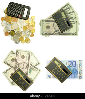 calculator and money set on white background Stock Photo