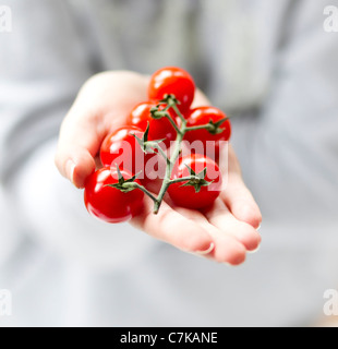 Woman holding cherry tomatoes Stock Photo