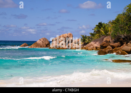 View of the Anse Cocos beach at La Digue Island, Seychelles. Stock Photo