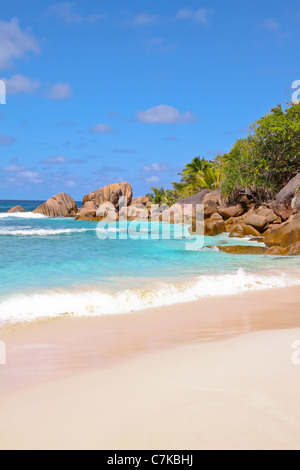 View of the Anse Cocos beach at La Digue Island, Seychelles. Stock Photo