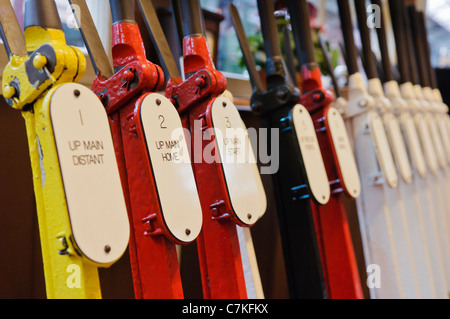 Point and signal levers in a railway signal box. Stock Photo