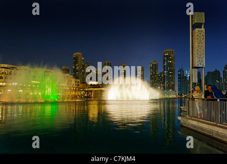 Dubai Fountains, the world's biggest light and water show, Business Bay district, Downtown Dubai, Dubai, United Arab Emirates Stock Photo