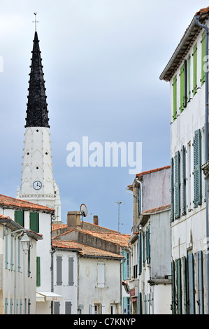 Black and white spire of church Saint Etienne, beacon for ships in Ars-en-Ré on the island Ile de Ré, Charente-Maritime, France Stock Photo