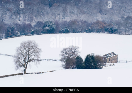 High view of scenic snow-covered rural valley on cold snowy winter day (derelict stone field barn, woodland, hillside slopes) - Yorkshire, England, UK
