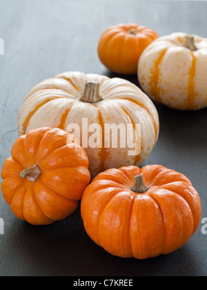 Assorted pumpkins sitting on a black wooden board Stock Photo
