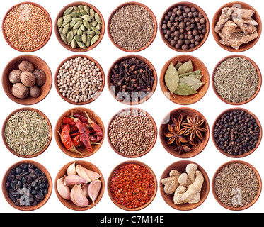 Wooden bowls full of different spices isolated on white background Stock Photo