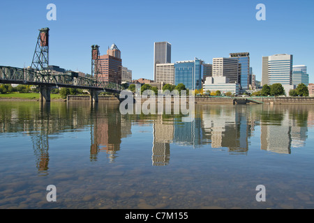 Portland Oregon Downtown Skyline and Hawthorne Bridge Reflection Stock Photo