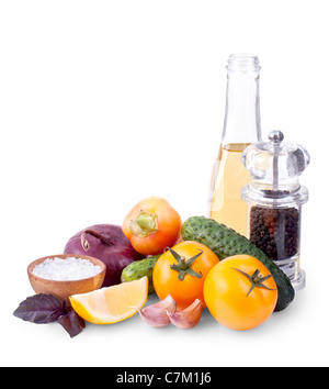 Still life of different ingredients for salad isolated on white background Stock Photo