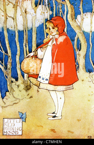 Little Red Riding Hood is an old French fairy tale about a young girl, pictured here on her way to her grandma's house. Stock Photo