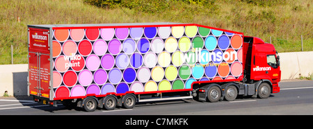 Wilko colourful paint brand advert on side Wilkinson discount chain store articulated trailer supply chain hgv delivery lorry truck m25 motorway UK Stock Photo