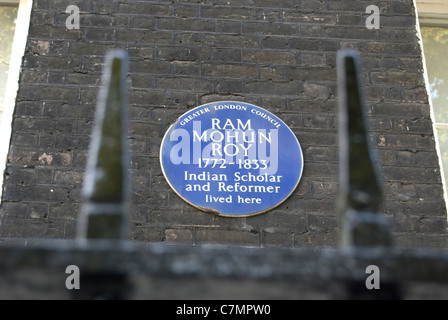 greater london council blue plaque marking a home of indian scholar and reformer, ram mohun roy, bedford square, london, england Stock Photo
