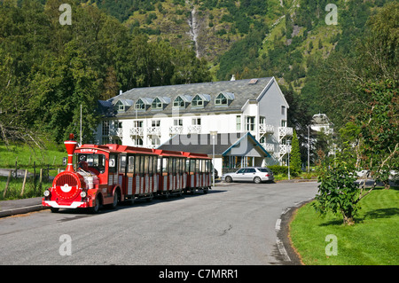 Road train named Thomas parked near Fretheim Hotel in Flåm at the south end of Aurlandsfjorden Stock Photo