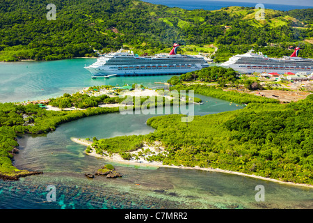 Two cruiseships docked at the port of Mahogany Bay on the island of Roatan Stock Photo