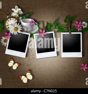 Aged photo frames with text tea on textile background Stock Photo