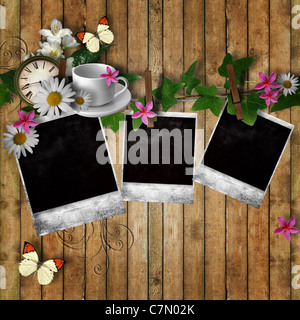 Aged photo frames with text tea on textile background Stock Photo