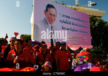 Billboard of the King (Rama IX) above protest, Red shirt protest, Phan Fa Bridge, Bangkok, Thailand. © Kraig Lieb Stock Photo