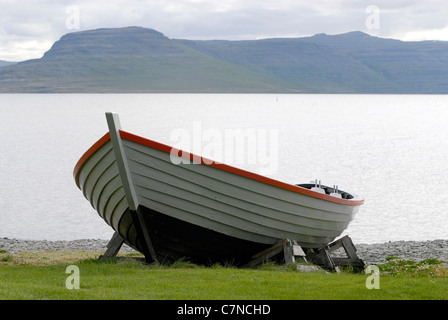 Traditional wooden boat Breiður on Vigur Island, Isafjörður, Vestfirðir (Westfjords), Iceland. Stock Photo