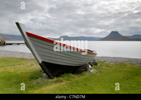 Traditional wooden boat Breiður on Vigur Island, Isafjörður, Vestfirðir (Westfjords), Iceland. Stock Photo