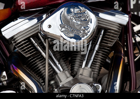 'Live to Ride' Harley Davidson Engine logo; Classic Motorcycle Parts, Detail, Construction, close-up or closeup Stock Photo