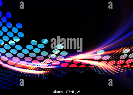 A glowing graphic digital audio equalizer illustration with rainbow fractal art accents. Stock Photo