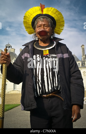 Indian Chief Raoni at Cheverny, Portrait of the Indian Raoni Stock Photo