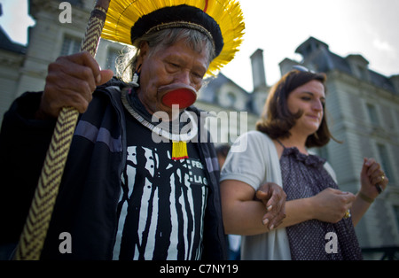 Indian Chief Raoni at Cheverny, Raoni the Indian and the Marquise de Vibraye Stock Photo