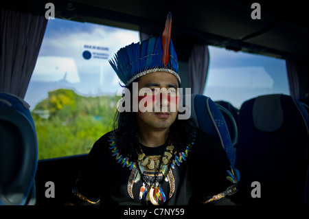 Indian Chief Raoni at the 'Chateau de Cheverny', Ildomar Mesquita Dos Santos, Interpreter of the Kayapo Indians in France Stock Photo