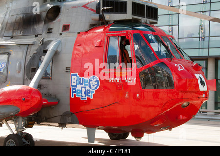 Royal Navy Sea King helicopter at MediaCityUK, Salford Quays, for the launch of the Blue Peter programme from the new BBC studio Stock Photo