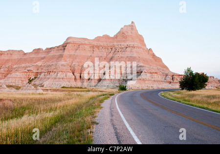 The Badlands Loop Road passes through scenic formations in Badlands National Park in South Dakota. Stock Photo