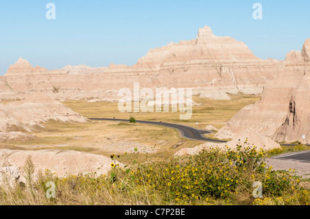 The Badlands Loop Road passes through scenic formations in Badlands National Park in South Dakota. Stock Photo