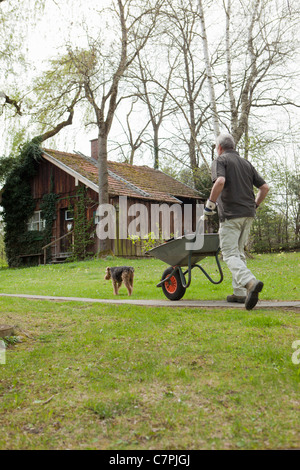 Man pushing wheelbarrow in backyard Stock Photo