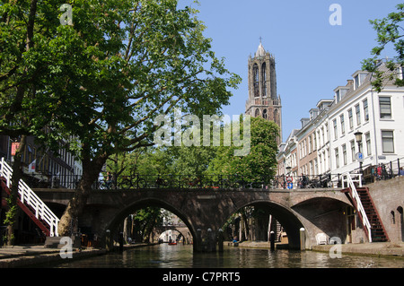 Canal with bridge and Dom Tower in Utrecht, The Netherlands Stock Photo