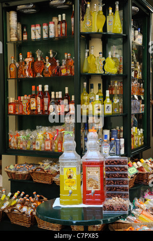 Kumquat and Lemon Liqueur for sale in Corfu Old Town Greece Stock Photo