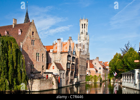The famous classic iconic view of the Belfry from the Rozenhoedkaai, Rosaire Quay, Quay of the Rosary in Brugge, Bruges, Belgium Stock Photo